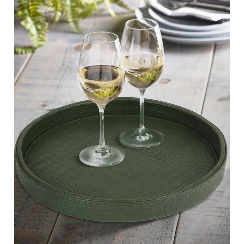 HofferRuffer Faux Leather Round Serving Tray, Vegan Croco Leather Decorative