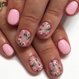 Pink Floral Press on Nails Short Square Fake Nails Spring and Summer Acrylic Nails Press Ons Full Cover Stick on Nails Flower Design False Nails Cute DIY Nail Art for Women Girls 24Pcs