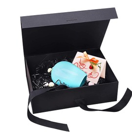 Gift Box with Bow (21 x 17 x 7 cm), Magnetic Gift Box, Gift Packaging Box with Ribbon, Large Decorative Box, Magnetic Reusable Gift Box with Lid (Black)