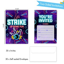 Strike Bowling Birthday Invitations with Envelopes (30 Count), Bowling Themed Party Neon Invites Cards for Boys Girls Teen Party Supplies