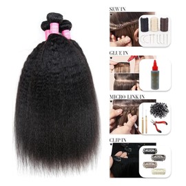 Unipearl Yaki Straight Human Hair Bundles Hair Extensions Weave Hair Extensions 30 35 40 cm (12 14 16 Inches), Kinky Straight Weft Extensions Real Hair for Sewing Natural Black