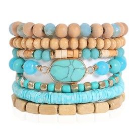 RIAH FASHION Bohemian Beaded Multi Layer Versatile Statement Bracelets - Natural Stone Wood Rondelle Bead Mix Stretch Bangles (Turquoise)