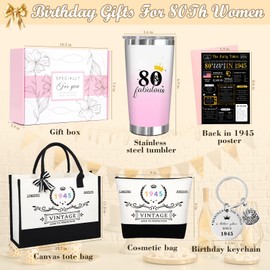 Unipinkart 80th 1945 Birthday Gifts for Women, 80 Year Old Birthday Fabulous Gifts for Women, Cool 80th Gift Canvas Tote Bag Set for Woman, Turning 80th Cup Gift Basket for Her Mom Sister Wife