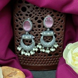 Efulgenz Indian Earrings for Women Earrings Set Faux Pearl Pink Crystal Oval Shape Chandbali Dangle Earrings Bohemian Statement Earrings Jewelry Set for Women, Copper, No Gemstone