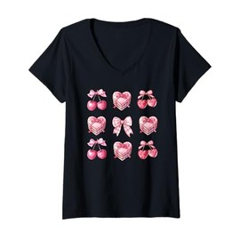 Womens Pink Bow Cherry square Cute Valentine Pink Bow V-Neck T-Shirt