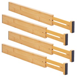 Aubeco Bamboo Drawer Organizers 4 Pack, 17-22" Adjustable Spring Loaded Dividers for Kitchen Utensils, Silverware, Clothes, Dresser, Bathroom and Office Storage