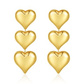 Heart Drop Earrings for Women Girls Chunky Gold Triple Love Heart Drop Dangling Studs Earring Vintage Elegant Valentine's Statement Anniversary Polished Chic Piercing Earrings Jewellery Gifts