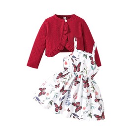 Similotey Baby Girl Dress Butterfly Print Sleeveless Dress and Coat 2Pcs Toddler Baby Girl Outfit Set, Red, 18-24 Months