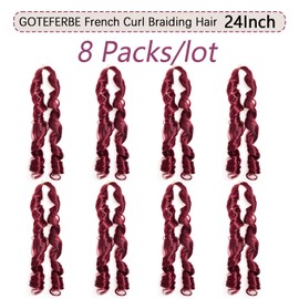 French Curl Braiding Hair for Black Women 24 Inch Curly Pre Stretched Braiding Hair for Box Braids Burgundy Loose Wave Synthetic Crochet Hair Extensions 8 Packs