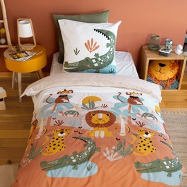 CÔTE DECO Children's Bed Linen 140 x 200 cm - Duvet Cover 140 x 200 cm + 1 Pillowcase 63 x 63 cm Savannah Green Blue Yellow - Bedding Set 100% Cotton