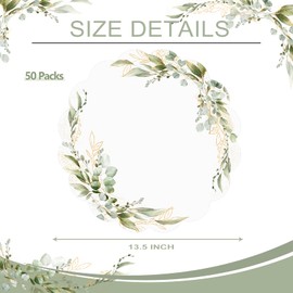 50 Pcs Green Eucalyptus Leaves Wedding Paper Mats, 13.5 inch Scalloped Disposable Placemats Summer Wedding Round Placemats for Table Paper Decoration for Birthday Wedding Banquet Party