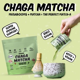 Renude Chaga Matcha - Chaga Mushroom Powder, Superfood Drink Mix with Adaptogens, Ceremonial Grade Mushroom Matcha, Keto, Vegan, Sugar Free, Natural Energy and Immune Support - 10 Servings