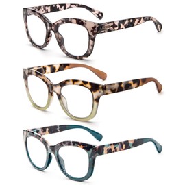 DXYXYO Oversized Oprah Style Reading Glasses for Women 2.5, 3 Pack Square Blue Light Blocking Computer Readers with Spring Hinge, Grey Cream-green Cyan
