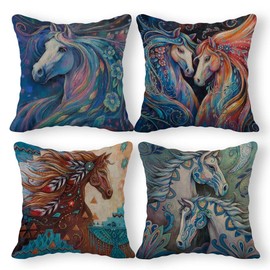 SiuSue Colorful Boho Western Southwestern Dream Horse Pillow Covers 20x20 Set of 4, Horse Lover Gifts, Mythical Spiritual Tribal Animal Decorative Pillow Covers for Home Bedroom Meditation Yoga Room