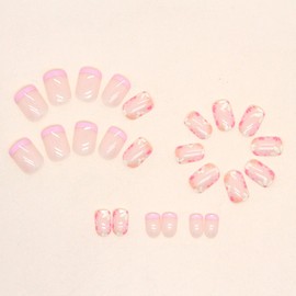 Press on Nails Short Square Fake Nails Press ons Pink French Tip Glue on Nails Flower Design False Nails Light Pink Transparent Acrylic Nails Glossy Artificial Stick on Nails for Women 24Pcs