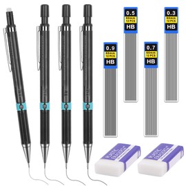 Tikplus 4Pcs Mechanical Pencil, 0.3, 0.5, 0.7, 0.9mm Retractable Pencil with Rubbers on the End, Automatic HB Pencils with 48pcs Lead Refills and 2 Rubbers, for School Writing Drawing Sketching