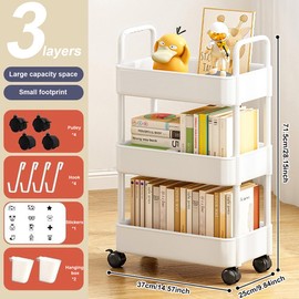 3 Tier Rolling Utility Cart Organizer,Plastic Utility Storage Carts with Hooks & Hanging Box,Kitchen Storage Organizer,Kitchen Cart with 2 Lockable Wheels and Handlefor Snack Craft Makeup