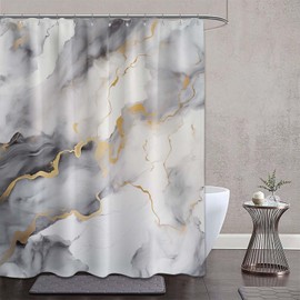 Sonbraux Marble Shower Curtains for Bathroom Grey and Gold Abstract Gray White Modern Wet Room Shower Curtain, Washable, Waterproof, Cloth Fabric, 180 x 200 cm