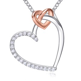 BlingGem Heart Chains for Women 925 Sterling Silver Rose Gold-Plated Necklace with Heart Pendant 5A Cubic Zirconia Anniversary Birthday Jewellery Gift for Women, Sterling Silver, Cubic Zirconia