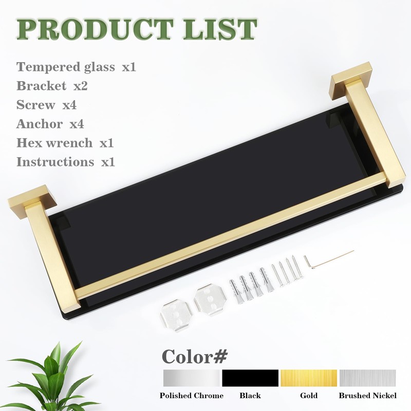 Alise Glass Shelf with Railing for Bathroom, Gold Bathroom Shelves