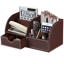 Desk Organizer, PU Leather Desktop Organizers and Accessories, Office Supplies Multi-Functional Caddy Storage with 6 Compartments and 1 Drawer, Workspace Organizer for Office Home School Classroom