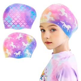 2 Pack Kids Swim Cap Mermaid Durable Silicone Swimming Cap for Boys Girls Toddler Waterproof Swimming Cap for Long and Short Hair Bathing Caps to Keep Hair Dry (Mermaid&Unicorn)