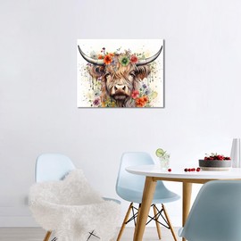 Rebotipy Paint by Numbers Kit for Adults Enchanting Highland Cow DIY Paint by Numbers for Adults Floral Crown Oil Painting with Brushes Adult Paint by Number Kits Art Crafts 16x20 in