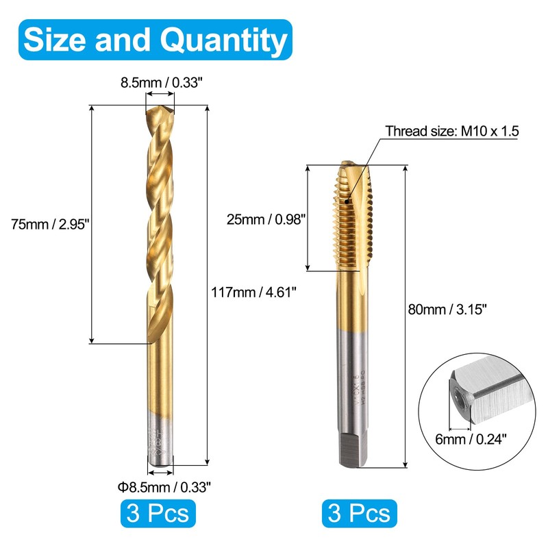 QUARKZMAN Tap and Bit Set, 3pcs M10 x 1.5 Metric