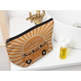 Ayxvt Here Comes the Sun Retro 70s Hippie Orange Bus Sunshine Ray Cosmetic Bag Decorative Women's Makeup Bag Zipper Pouch Travel Toiletry,Birthday Gifts for Teen Girls