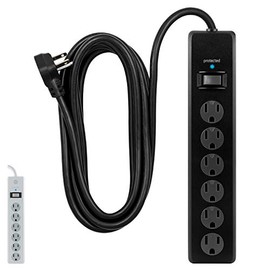 GE 6-Outlet Surge Protector, 15 Ft Extension Cord, Power Strip, 800 Joules, Flat Plug, Twist-to-Close Safety Covers, UL Listed, Black, 50767