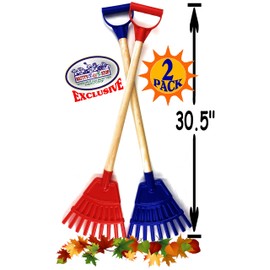 Matty's Toy Stop 30.5" Heavy Duty Wooden Kids Lawn Rakes with Plastic Rake Head & Handle (Red & Blue) Gift Set Bundle - 2 Pack
