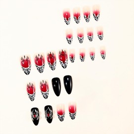 SINHOT Stiletto Press on Nails - Long Fake Nails, Glossy Finish, Goth Red Black & Gothic Spider, DIY Artificial False Nail Art - 24 Pcs Nail Kit with Glue