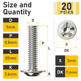 Valorada M5 Bolts, M5 x 20mm Flanged Button Head Socket Cap Screw Bolts, Allen Socket Drive, Stainless Steel 304, Full Thread, with Hex Spanner, Pack of 20