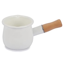 0.6qt Enamel Milk Pan With 2 Pour Spouts,FARCADY Mini Butter Warmer With Wooden Handle,Enamelware Saucepan Small Cookware for Heating Milk,Melting Butter,Boiling Water,Dishwasher Safe(D015,White)