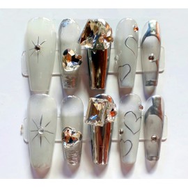 M·Q NAIL,Press on nails,Ink colored rose square long nails,Hand drawn,Includes 48 jelly glue and 2 cuticle sticks and 2 rubbing strips (Silver city, M)