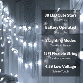 Star Lights Star String Lights 15 FT 30 LED Fairy Lights Battery Operated Indoor&Outdoor Twinkle Christmas Lights Bedroom Decor for Xmas Tree(Cool White)