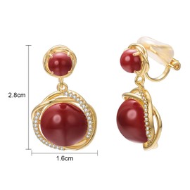 Yoursfs Red Faux Pearl Clip on Earrings for Women 18K Gold Plated Cubic Zirconia Drop Clip Earrings Fashion Jewelry