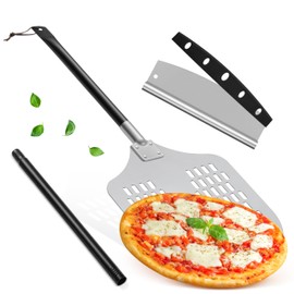 12" Perforated Pizza Peel with Pizza Cutter, Leonyo Aluminum Pizza Turning Peel with Long Adjustable Handle, Lightweight & Non-Stick Tools for Baking Bread