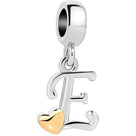 QueenCharms Initial A-Z Letter Charm Golden Heart Alphabet Dangle Beads For Bracelets & Necklaces (E)
