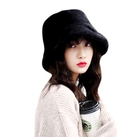ANKOMINA Women Girls Fashion Faux Fur Bucket Cap Ladies Wide Brim Fluffy Winter Warm Fisherman Hat Black
