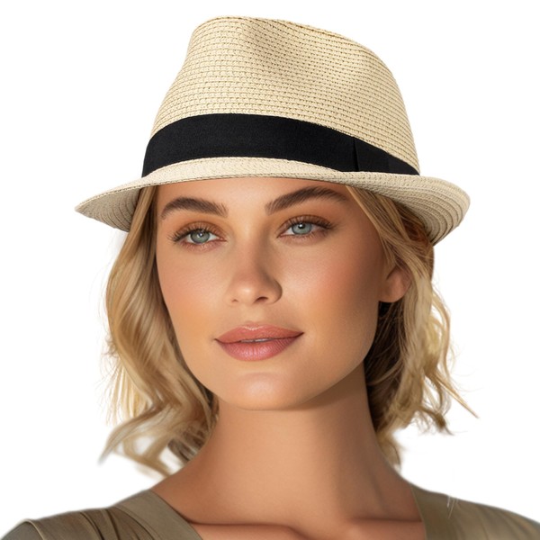 Straw Fedora Hat Short Brim Packable Roll Up Trilby Hat Classic Adjustable Panama Summer Beach Sun Hat UPF 50+ (One Size, Natural)