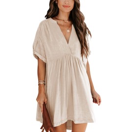 Minclouse Women's Babydoll Short Sleeve Tunic Dress V Neck Cute Casual Loose Dresses (Apricot,Large,Female,Adult,US,Alpha,Large,Regular,Regular)