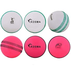 Kosma Set of 6 Windball Cricket Ball | Indoor & Outdoor Soft Training Cricket Ball for Coaching Practice (3Pc Pink with Black Seam & 3Pc White with Green Seam)