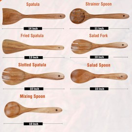 NEEM Wood Spoons Set of 7, Large 11 Inch Wooden Non-Stick Kitchen Set,100% Natural NEEM wood Kitchen Utensils Spatula, Wooden Cooking Utensils Spoons, Fried Spatula and Salad Fork