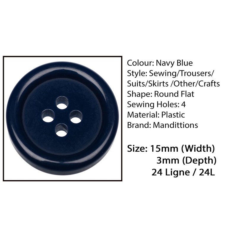 Pack of 24 Dark Blue Sew on 15mm Round Buttons