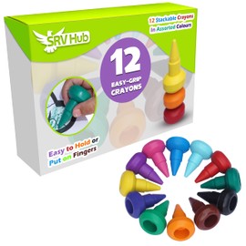 Easy-Grip Colouring Fun Crayons for Babies, 12 Stackable Crayons In Assorted Colours, Summer Kids Perfect Toddlers Put On Fingers, Ideal Kids Crayons for 1 Year Old Non Toxic, Multicolor, Size-4.5cm