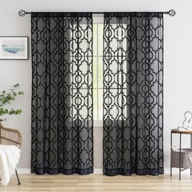 Geo Modern Lace Sheer Black Window Curtains 95 inch Long Moroccan Trellis Light Filtering Window Treatment Sets Bedroom Living Room Curtain Drapes for Basement Laundry Room, Rod Pocket 52" W 2 Panels