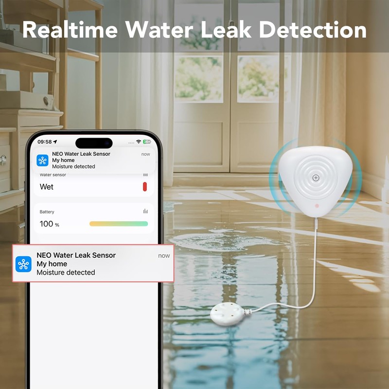 NEO Zigbee Water Sensor, Smart Water Leak Detector for Home,