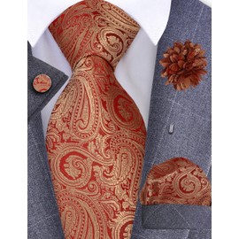 GUSLESON Mens Gold Red Tie Paisley Wedding Solid Silk Necktie Pocket Square Cufflinks and Lapel Pin Brooch Set (6103-10)