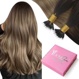 YoungSee Nano Hair Extensions Real Human Hair Brown Nano Ring Hair Extension Balayage Dark Brown with Blonde for Wedding Reflections Natural Looking Long Lasting No Tangle Cold Fusion 16inch 1g/s 50g
